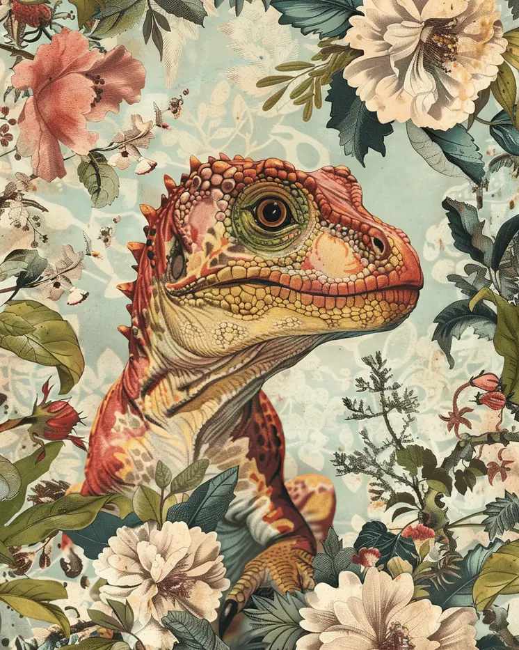 Vintage Baby Dinosaur Mixed Media 8"x10" Art Print