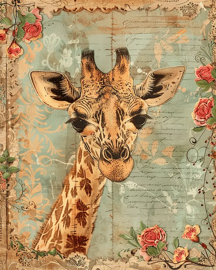 Vintage Giraffe Mixed Media 8"x10" Art Print