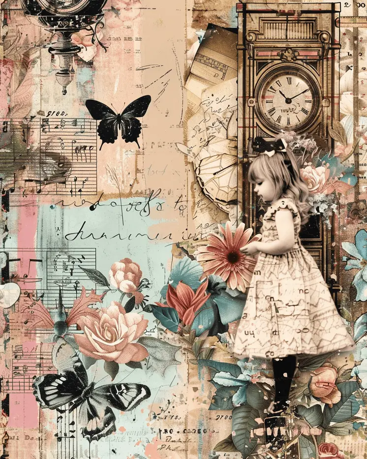 Vintage Young Girl Mixed Media 8"x10" Art Print