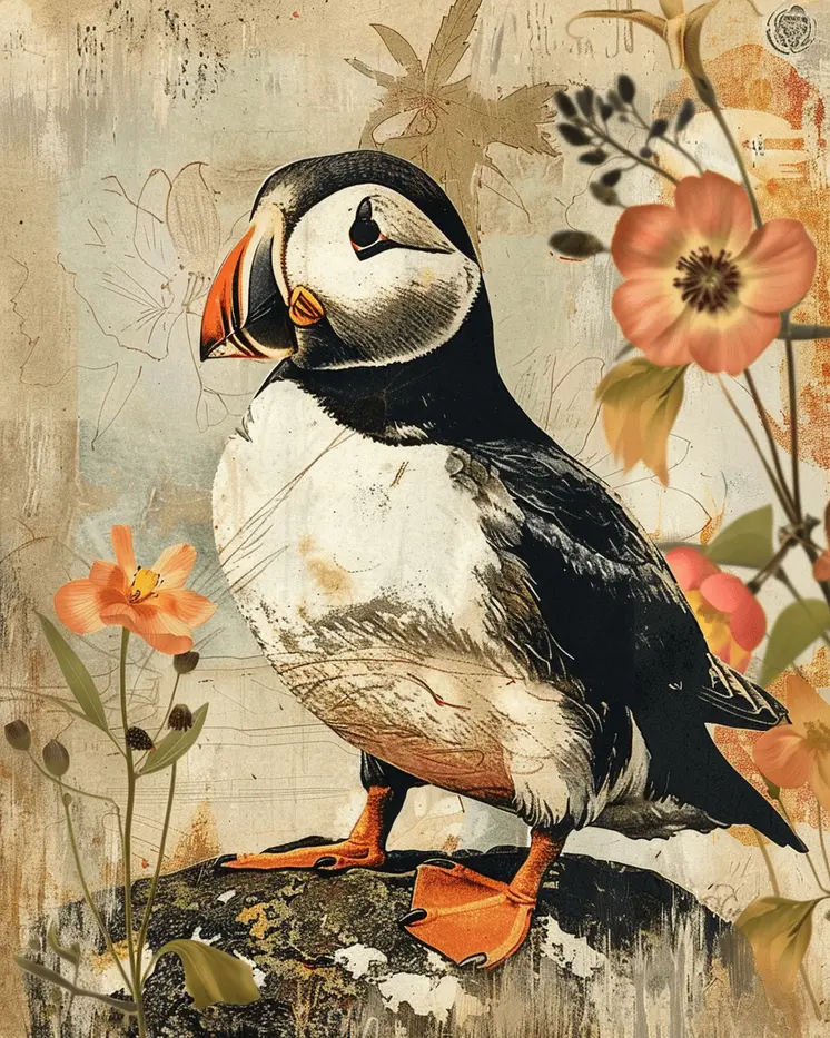 Vintage Puffin Mixed Media 8"x10" Art Print