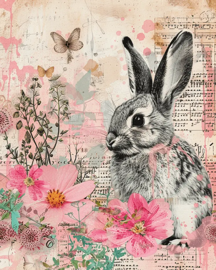 Vintage Rabbit Mixed Media 8"x10" Art Print