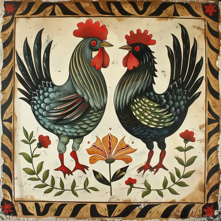 Rooster Patch Folk Art 8"x8" Art Print