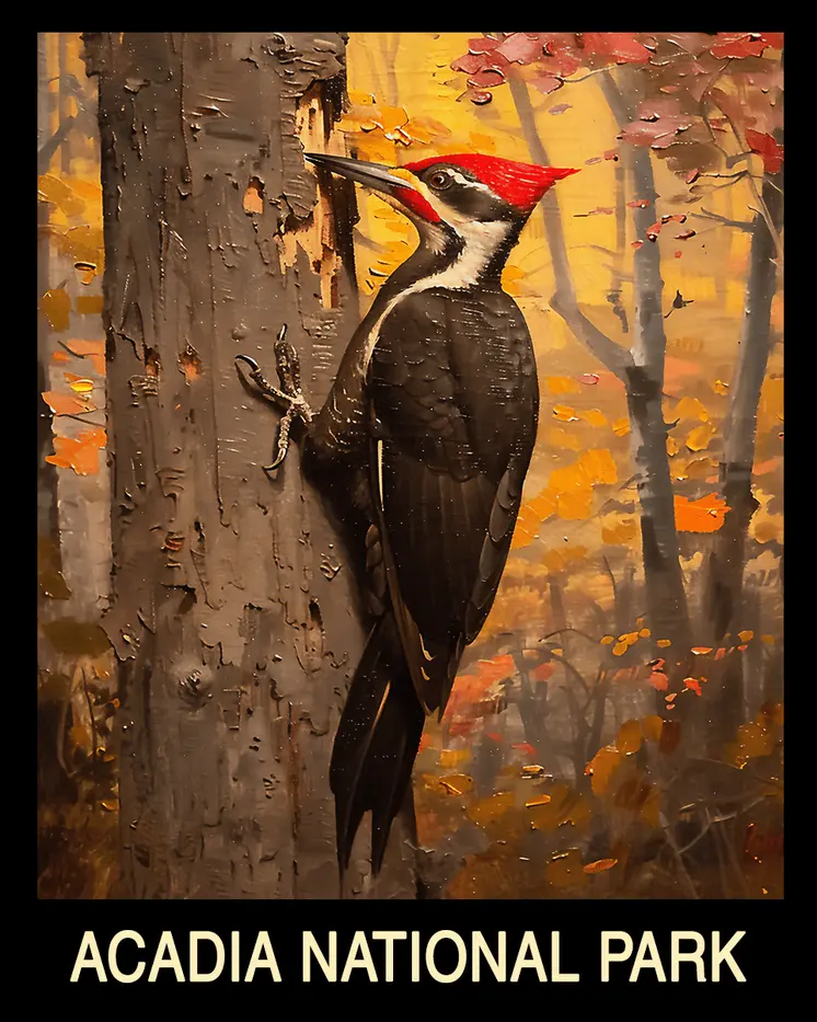 Pileated Woodpecker - Acadia Maine Souvenir Home Decor Wall Art Prints – 8″x10″ Artwork – 11″x14″ Mat