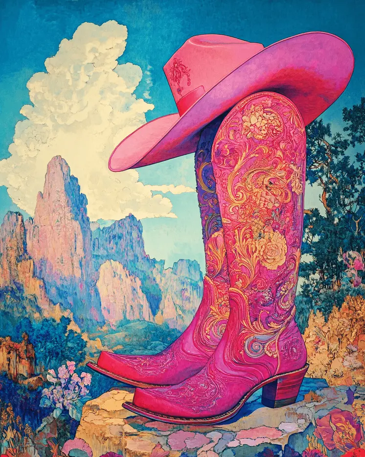Pink Cowgirl Boots & Hat - Wall Art Print - Coastal Cowgirl  8"x10" Artwork - 11"x14" Matte