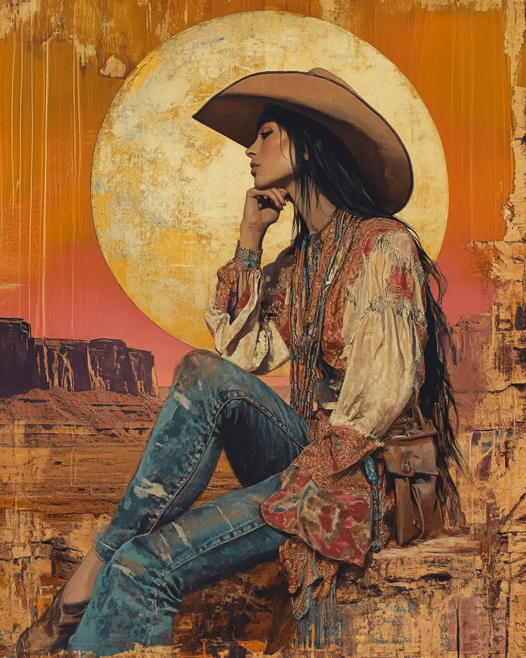 Vintage Southwest Cowgirl - Wall Art Print - Coastal Cowgirl  8"x10" Artwork - 11"x14" Mat