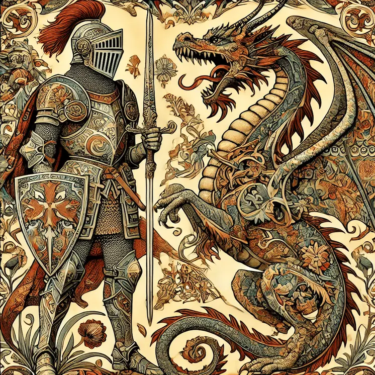 Art Nouveau Knight and Dragon - Wall Art Print - Square Poster - 8"x8" Artwork - 12"x12" Matte