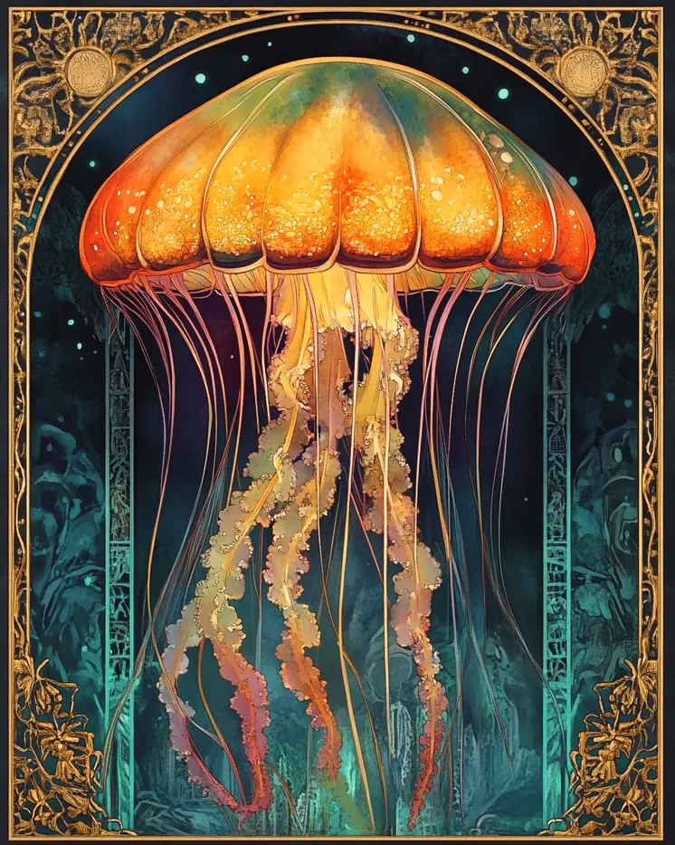 Nouveau Jellyfish - Wall Art Print - Ocean Seaside Beachcore - 8"x10" Artwork - 11"x14" Matte
