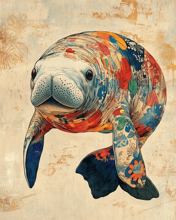 Impressionist Manatee - Wall Art Print - Ocean Seaside Beachcore - 8"x10" Artwork - 11"x14" Matte