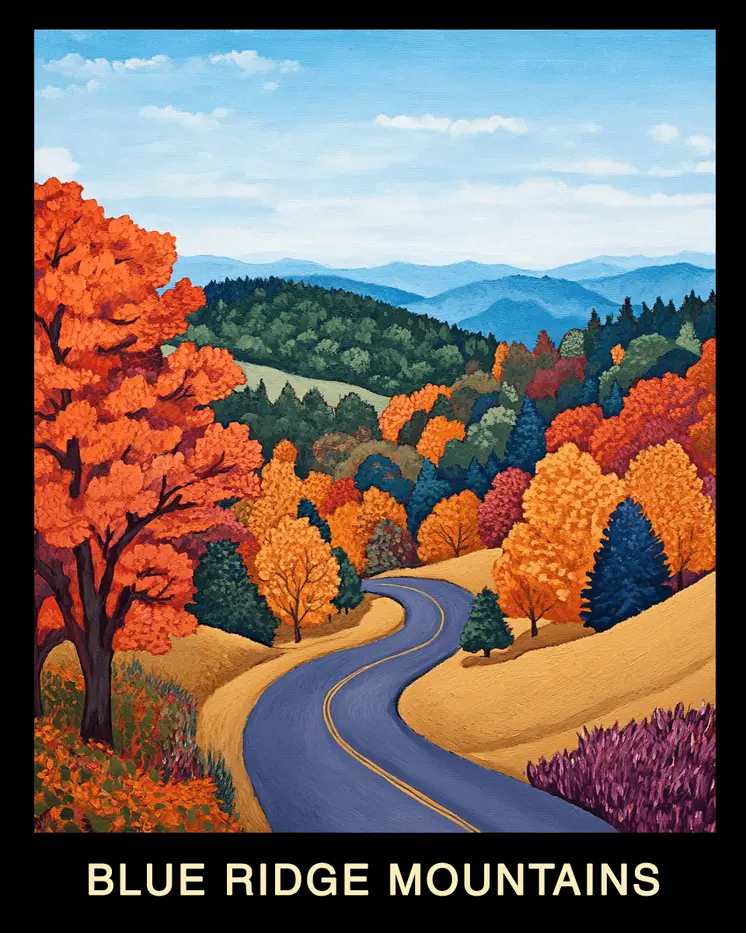 Folk Art - Blue Ridge Mountains Souvenir Home Decor Wall Art Prints – 8″x10″ Artwork – 11″x14″ Mat