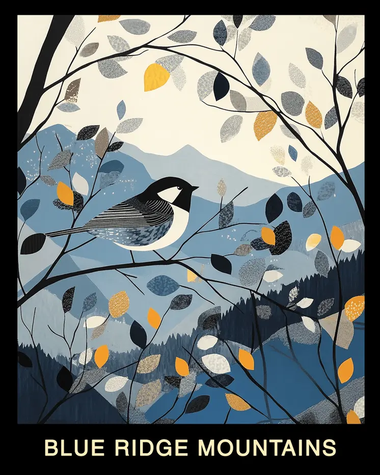 Folk Art Chickadee - Blue Ridge Mountains Souvenir Home Decor Wall Art Prints – 8″x10″ Artwork – 11″x14″ Mat