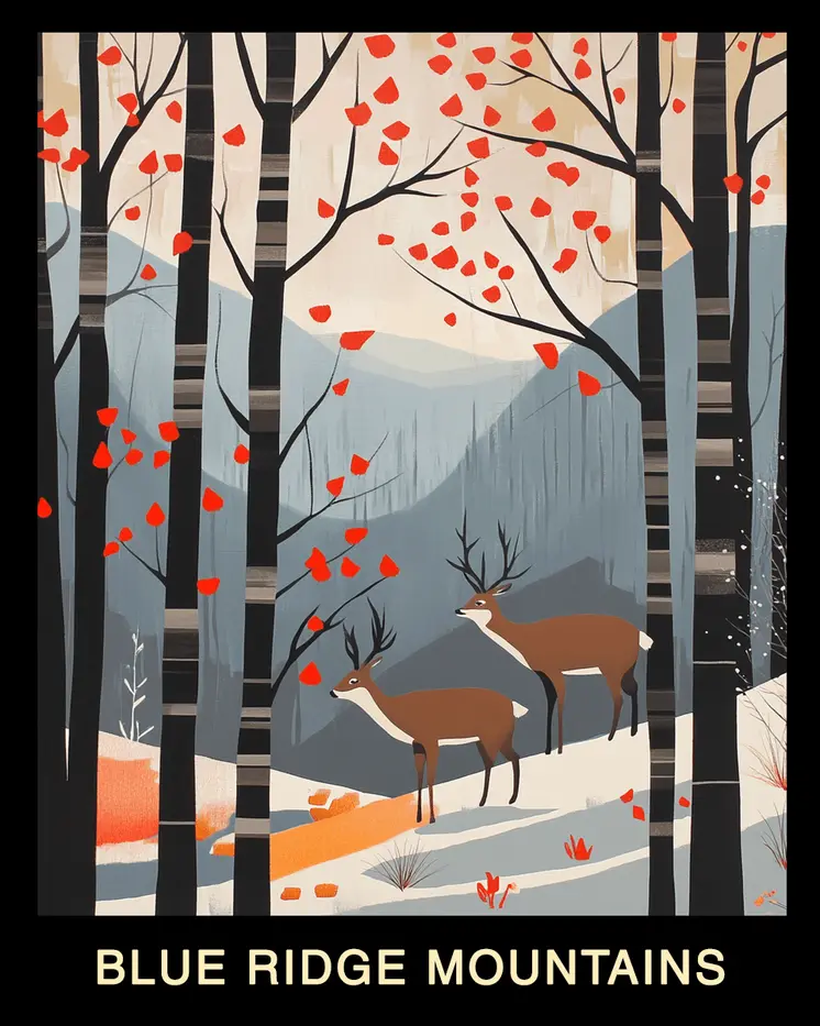 Folk Art Deer - Blue Ridge Mountains Souvenir Home Decor Wall Art Prints – 8″x10″ Artwork – 11″x14″ Mat