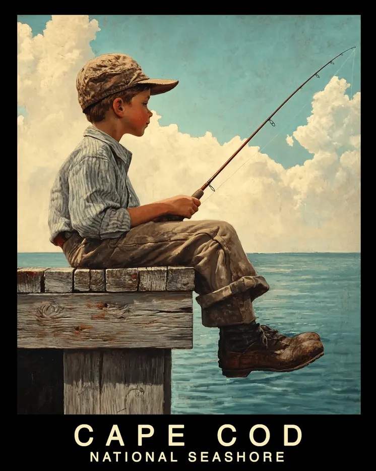 Boy Fishing - Cape Cod Souvenir Home Decor Wall Art Prints – 8″x10″ Artwork – 11″x14″ Mat
