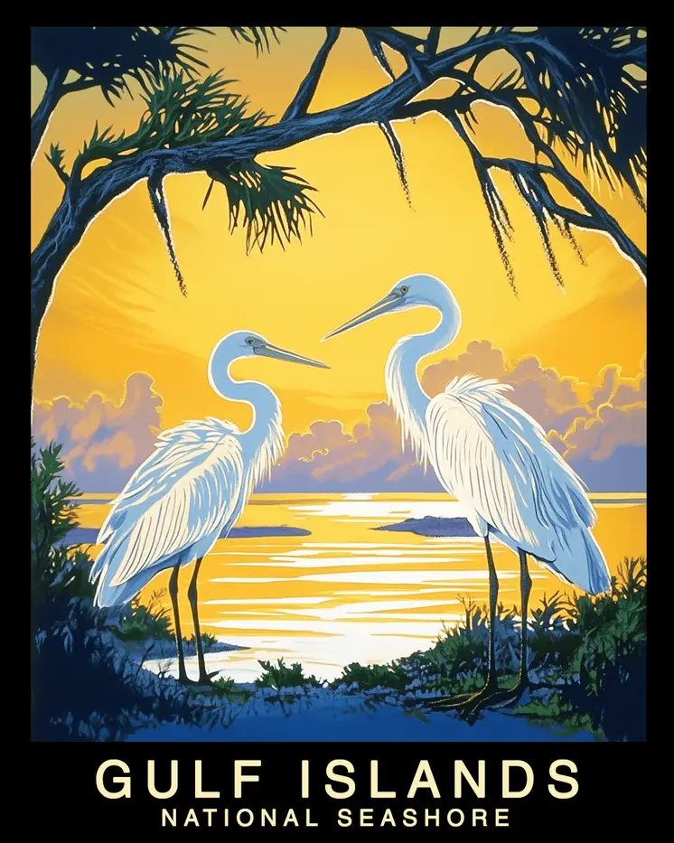 Egrets - Gulf Island Souvenir Home Decor Wall Art Prints – 8″x10″ Artwork – 11″x14″ Mat