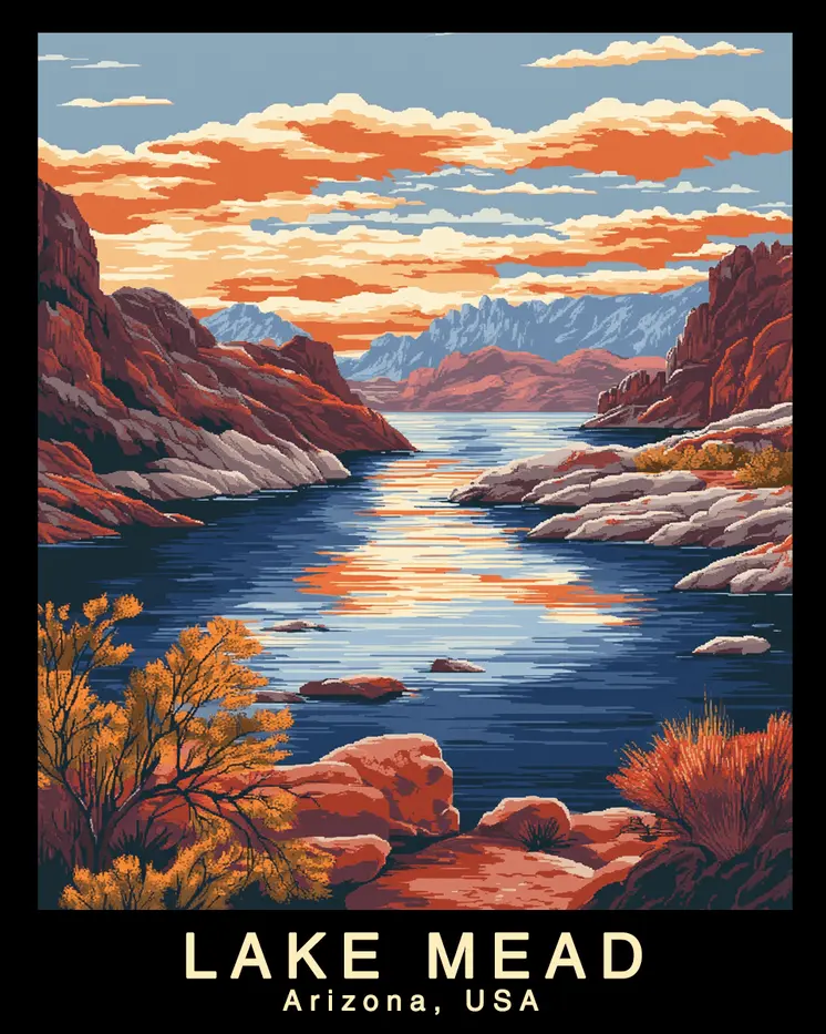 Evening - Lake Mead Souvenir Home Decor Wall Art Prints – 8″x10″ Artwork – 11″x14″ Mat