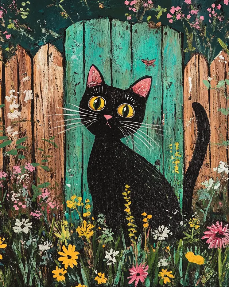 Folk Art Backyard Black Cat - Rustic Farmhouse Decor  8"x10" Artwork for 11"x14" Frame