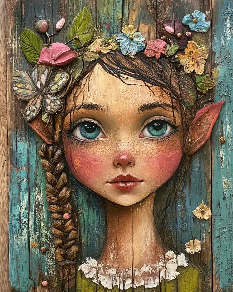 Folk Art Young Fairy - Rustic Farmhouse Decor  8"x10" Artwork for 11"x14" Frame