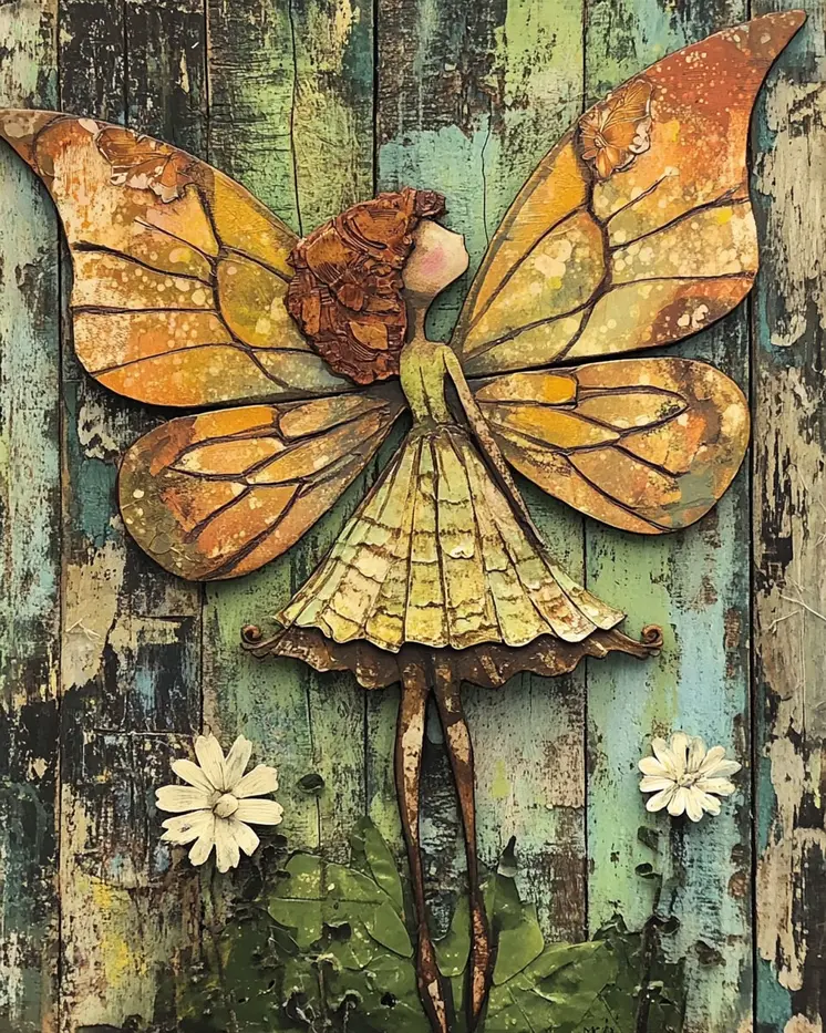 Folk Art Fairy - Rustic Farmhouse Decor  8"x10" Artwork for 11"x14" Frame