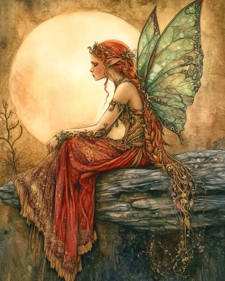 Folk Art Full Moon Fairy - Rustic Farmhouse Decor  8"x10" Artwork for 11"x14" Frame