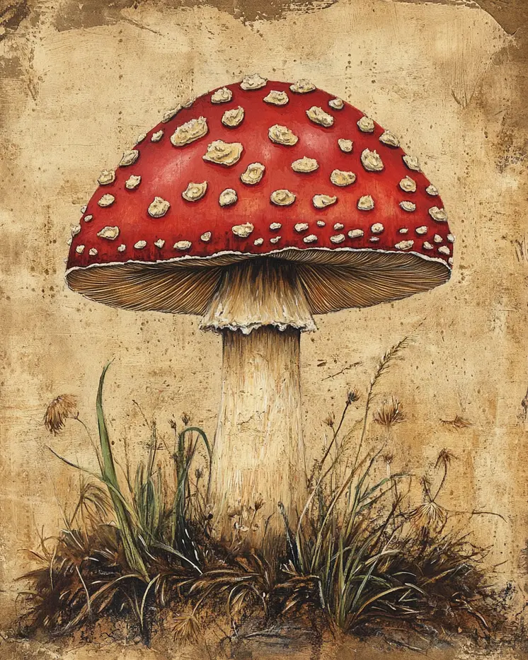 Folk Art Amanita Mushroom - Rustic Farmhouse Decor  8"x10" Artwork - 11"x14" Mat