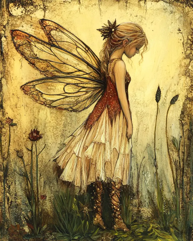 Folk Art Sullen Fairy - Rustic Farmhouse Decor  8"x10" Artwork for 11"x14" Frame