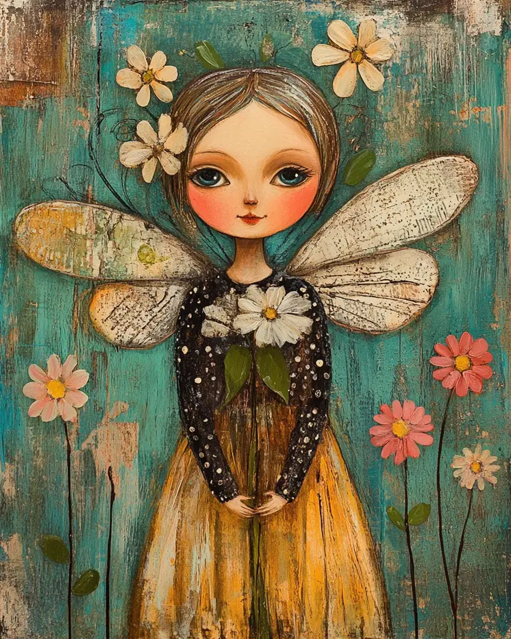 Folk Art Floral Fairy - Rustic Farmhouse Decor  8"x10" Artwork for 11"x14" Frame