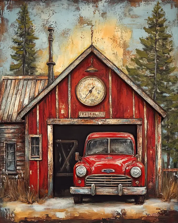 Folk Art Small Town Firehouse - Rustic Farmhouse Decor  8"x10" Artwork for 11"x14" Frame