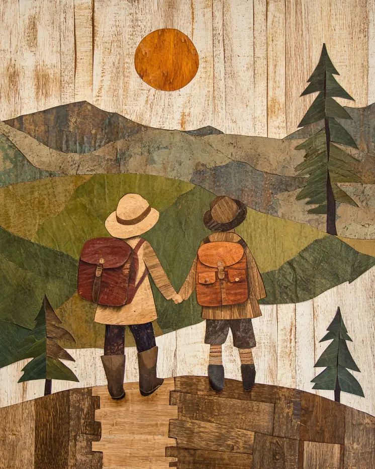 Folk Art Couple Hiking - Rustic Farmhouse Decor  8"x10" Artwork for 11"x14" Frame