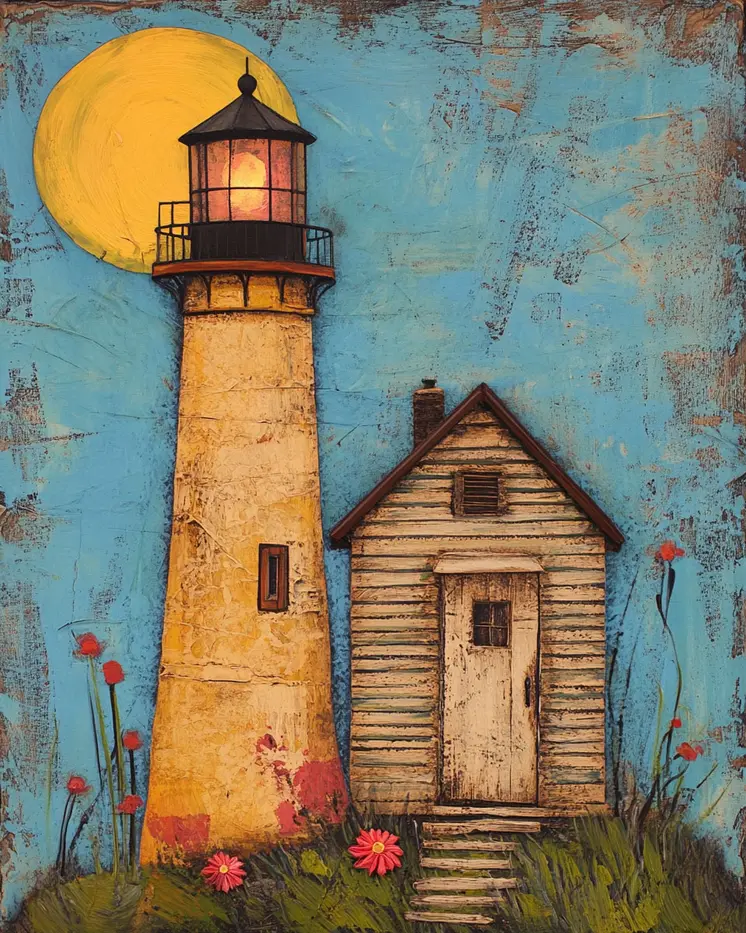 Folk Art Full Moon Lighthouse - Rustic Farmhouse Decor  8"x10" Artwork for 11"x14" Frame