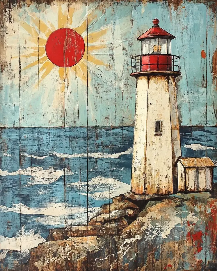 Folk Art Lighthouse on Sunny Day - Rustic Farmhouse Decor  8"x10" Artwork for 11"x14" Frame