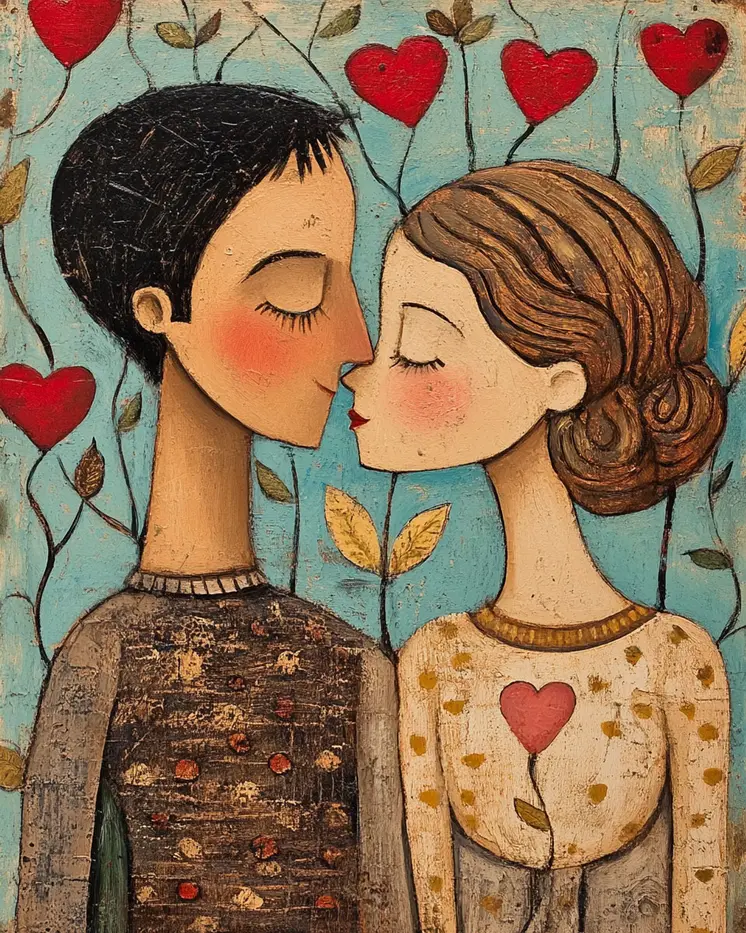 Folk Art Couple in Love - Rustic Farmhouse Decor  8"x10" Artwork for 11"x14" Frame