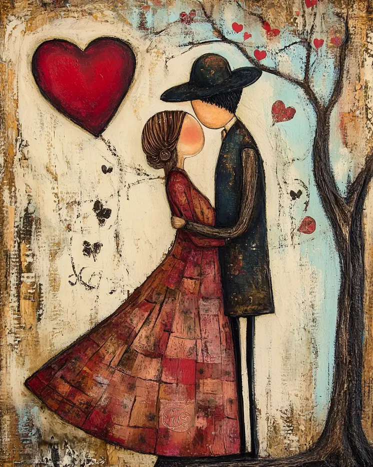 Folk Art Love in the Park - Rustic Farmhouse Decor  8"x10" Artwork for 11"x14" Frame