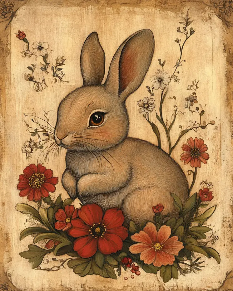 Folk Art Floral Baby Bunny - Rustic Farmhouse Decor  8"x10" Artwork for 11"x14" Frame