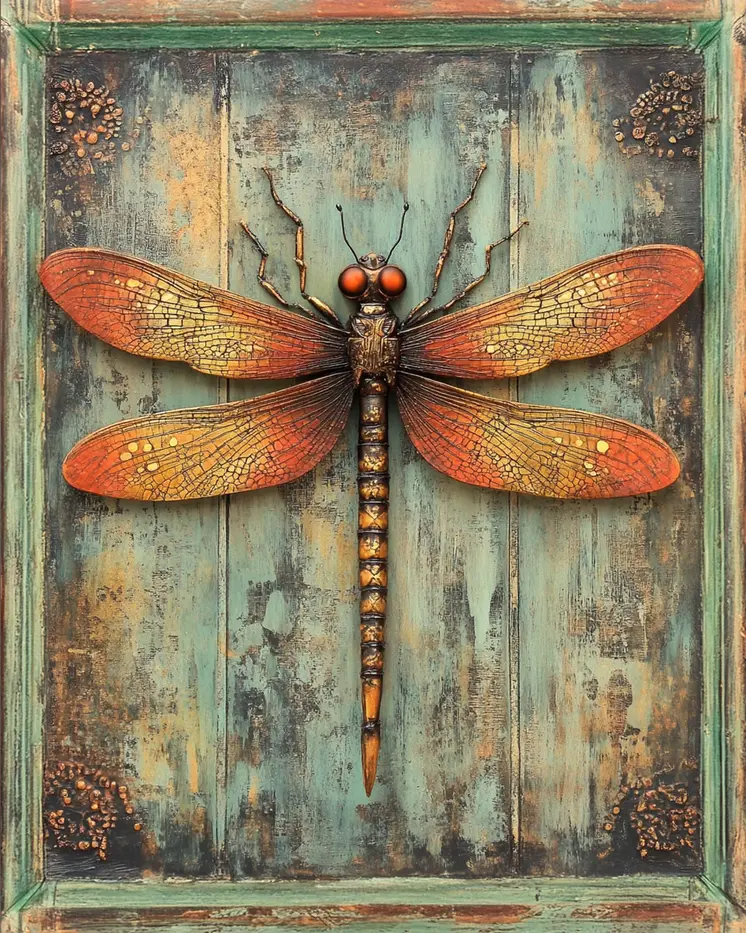 Folk Art Dragonfly - Rustic Farmhouse Decor  8"x10" Artwork for 11"x14" Frame