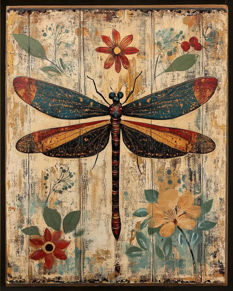 Folk Art Beautiful Dragonfly - Rustic Farmhouse Decor  8"x10" Artwork for 11"x14" Frame