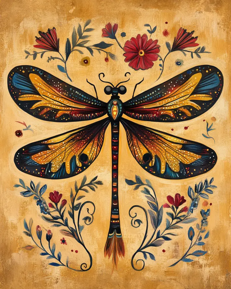 Folk Art Floral Dragonfly - Rustic Farmhouse Decor  8"x10" Artwork for 11"x14" Frame