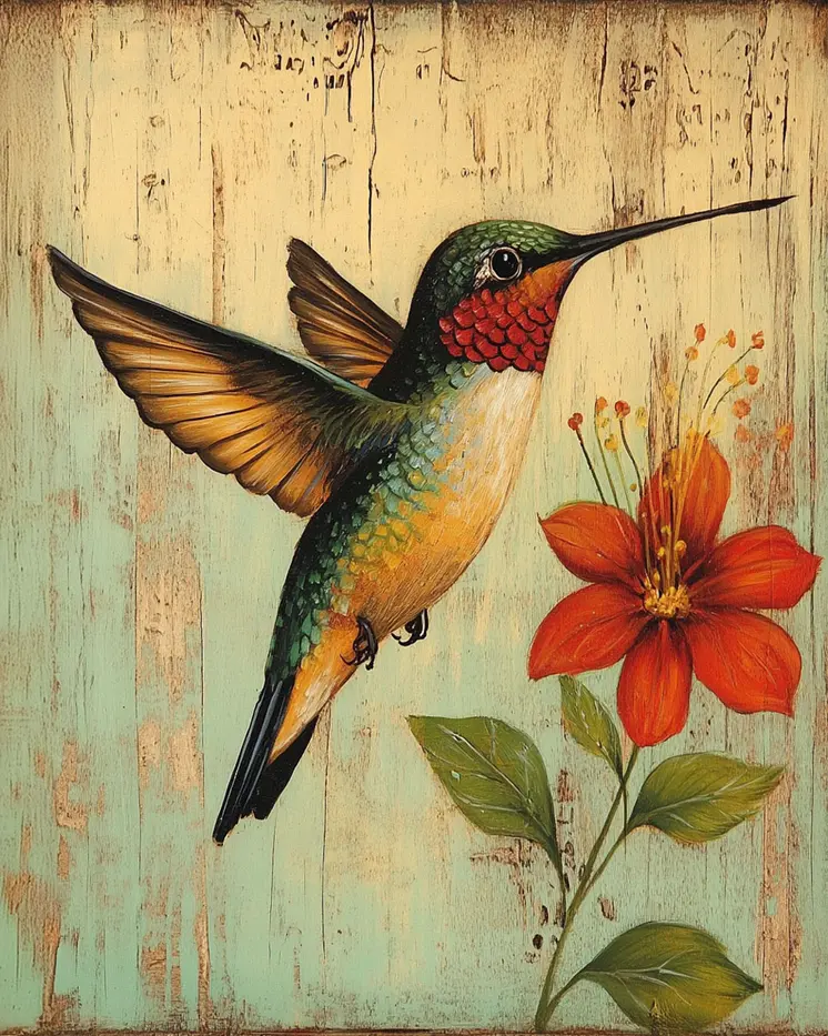 Folk Art Hummingbird - Rustic Farmhouse Decor  8"x10" Artwork for 11"x14" Frame