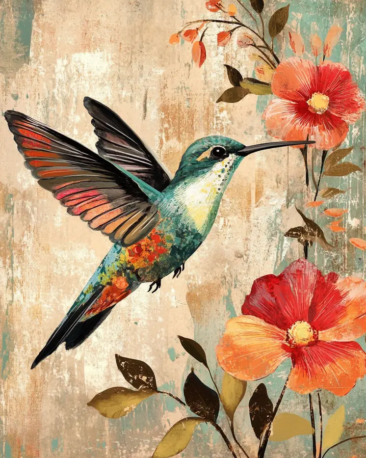 Folk Art Floral Hummingbird - Rustic Farmhouse Decor  8"x10" Artwork for 11"x14" Frame