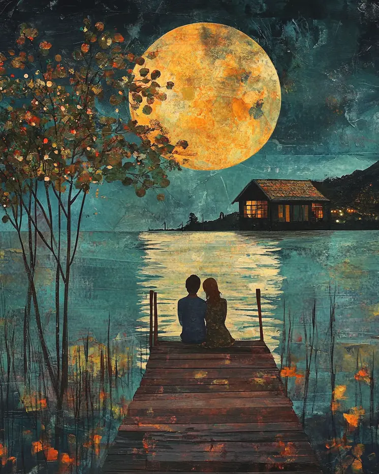 Folk Art Relaxing on The Dock at Night - Rustic Farmhouse Decor  8"x10" Artwork for 11"x14" Frame