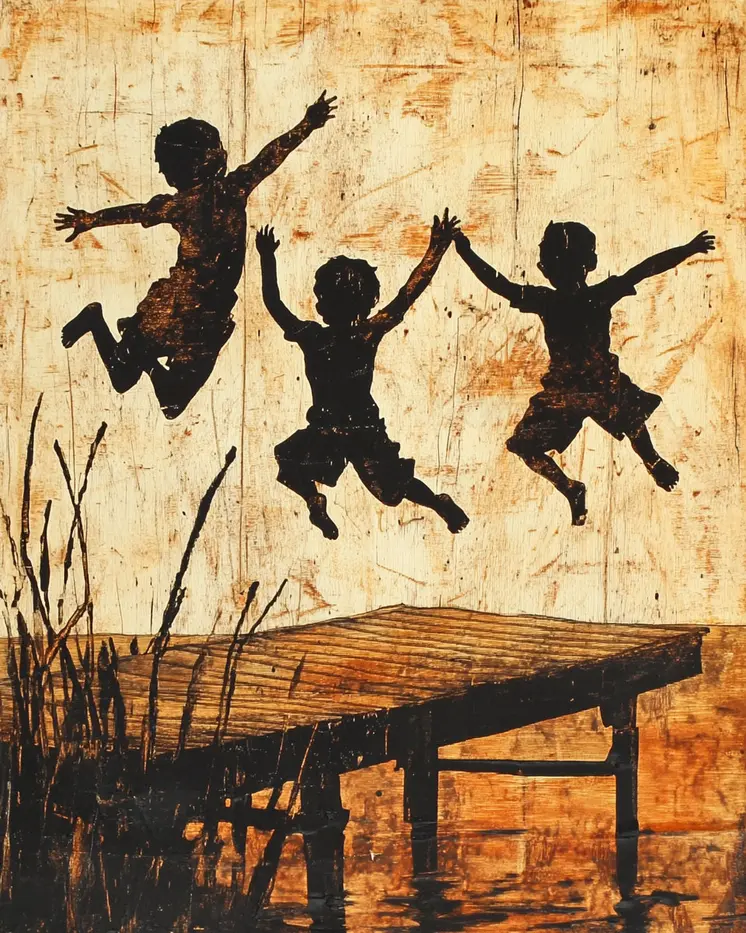 Folk Art Kid's Jumping in to the Lake - Rustic Farmhouse Decor  8"x10" Artwork for 11"x14" Frame