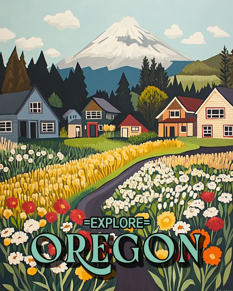 Folk Art Homes - Oregon Souvenir Home Decor Wall Art Prints – 8″x10″ Artwork for 11″x14″ Frame