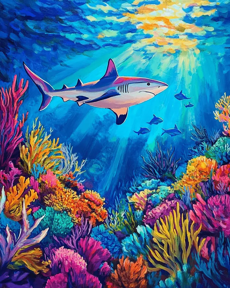 Deep Blue Shark - Wall Art Print - Ocean Seaside Beachcore - 8"x10" Artwork - 11"x14" Matte