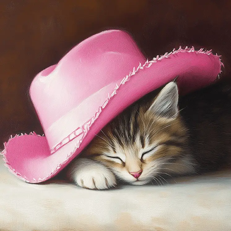 Sleeping Kitten Under Pink Cowgirl Hat - Pet Wall Art – 8″x8″ Artwork – 12″x12″ Mat