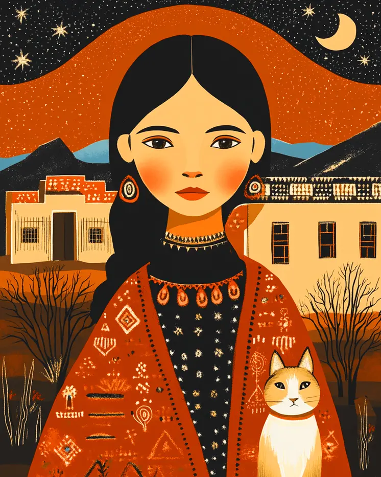 Folk Art - A Girl with Her Cat - Western and Southwestern Home Decor Wall Art Prints – 8″x10″ Artwork – 11″x14″ Matte