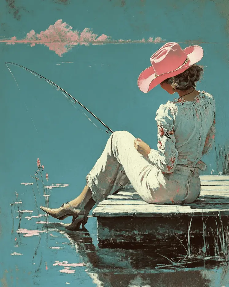 Cowgirl in Pink Hat Fishing - Western and Southwestern Home Decor Wall Art Prints – 8″x10″ Artwork – 11″x14″ Matte