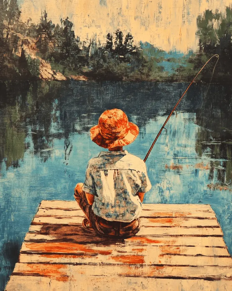 Young Boy Fishing - Western and Southwestern Home Decor Wall Art Prints – 8″x10″ Artwork – 11″x14″ Matte