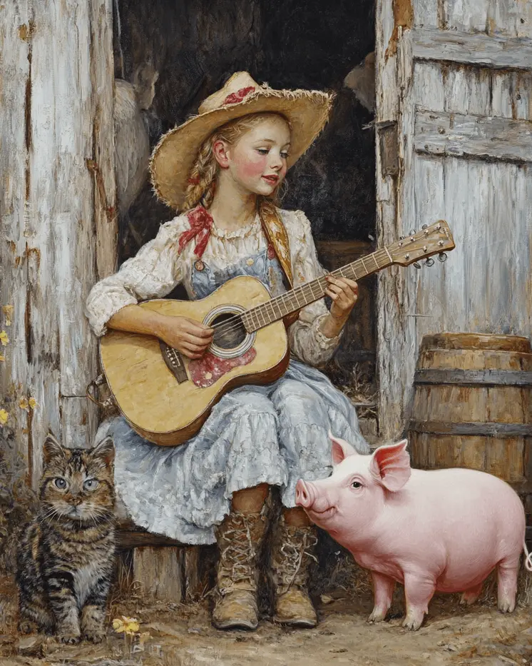 Young Cowgirl Serenading Her Pet Cat and Pig - Western and Southwestern Home Decor Wall Art Prints – 8″x10″ Artwork – 11″x14″ Matte