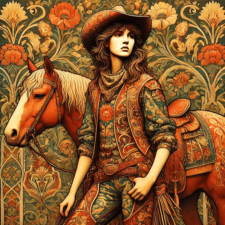 Art Nouveau Cowgirl with Her Horse - Wall Art Print - Western Art - 8"x8" Artwork - 12"x12" Matte