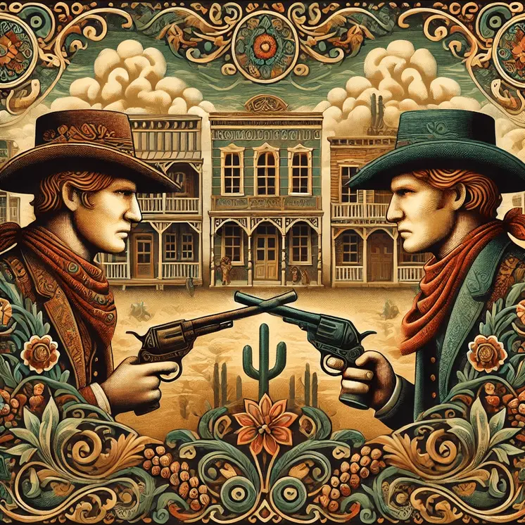 Art Nouveau Old West Gunfight - Wall Art Print - Western Art - 8"x8" Artwork - 12"x12" Matte