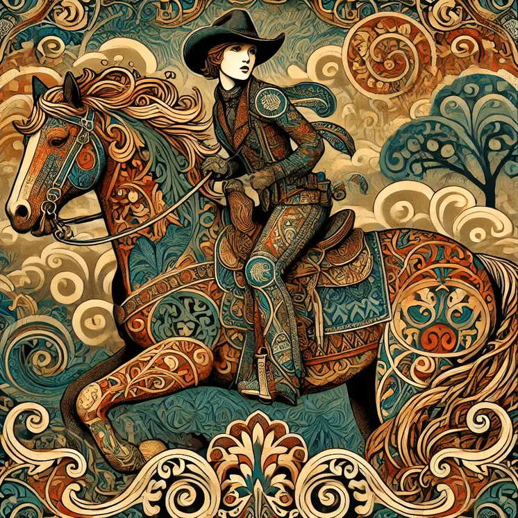 Art Nouveau Cowgirl Riding Her Horse - Wall Art Print - Western Art - 8"x8" Artwork - 12"x12" Matte
