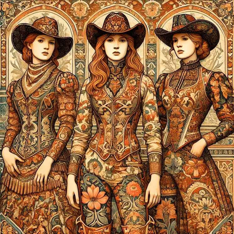Art Nouveau Three Cowgirls - Wall Art Print - Western Art - 8"x8" Artwork - 12"x12" Matte